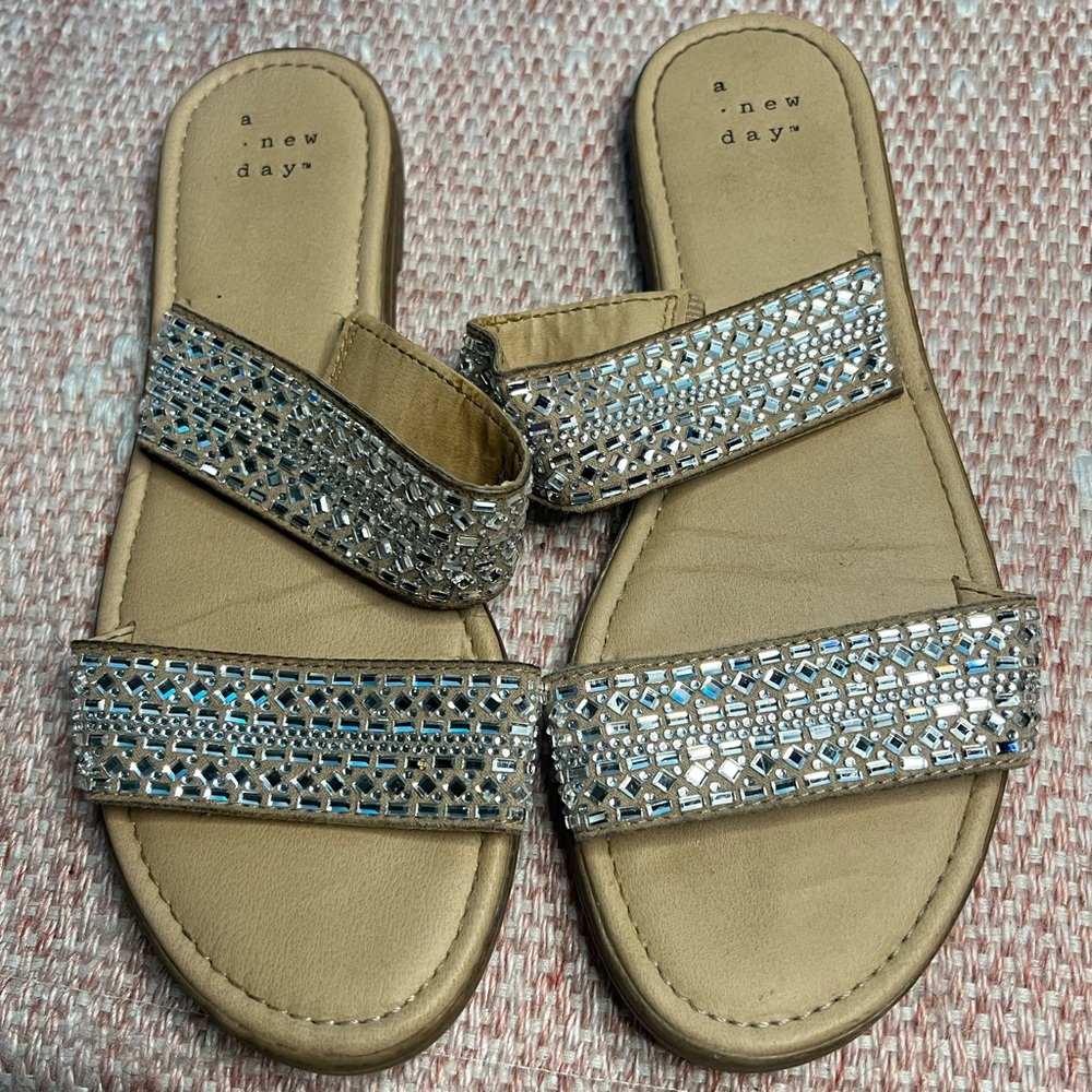 A New Day Beige Sandals with Silver Embellishments